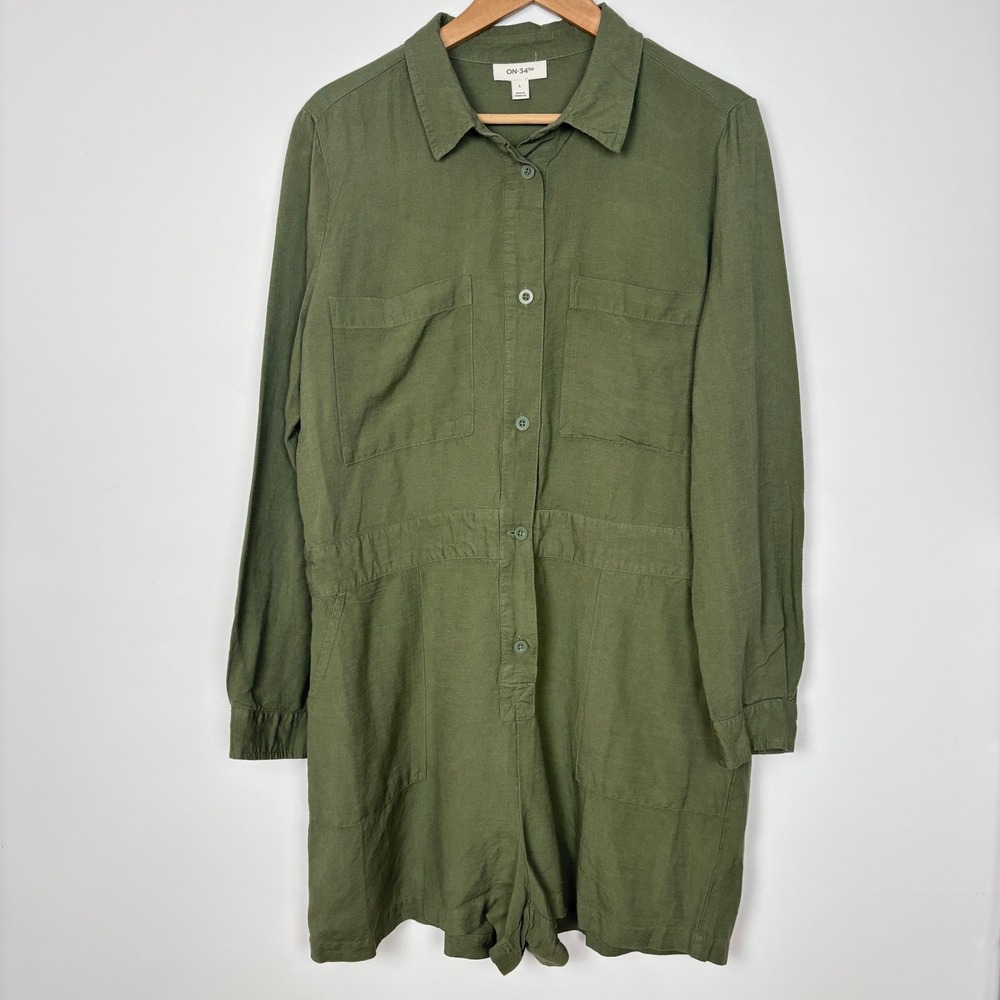ON-34TH Womens Linen Blend Long Sleeve Utility Romper Size Large Green Button Up